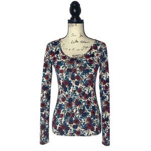 Tezenis Women’s Small Floral Long Sleeve Top Red Blue White Stretch Scoop Neck